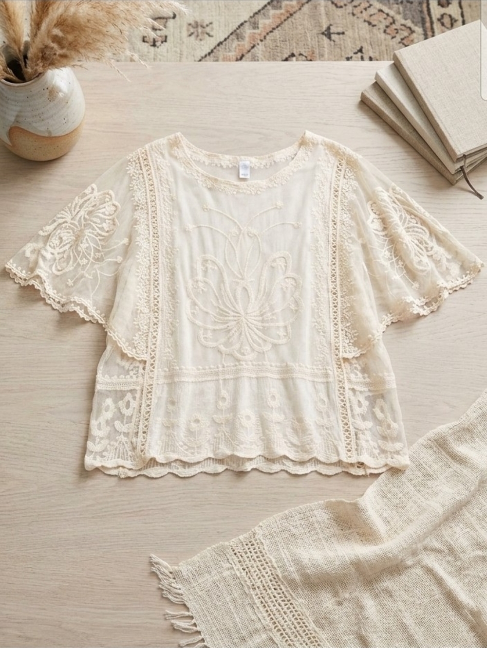 Embroidered Lace Flutter Sleeve Blouse - Cream